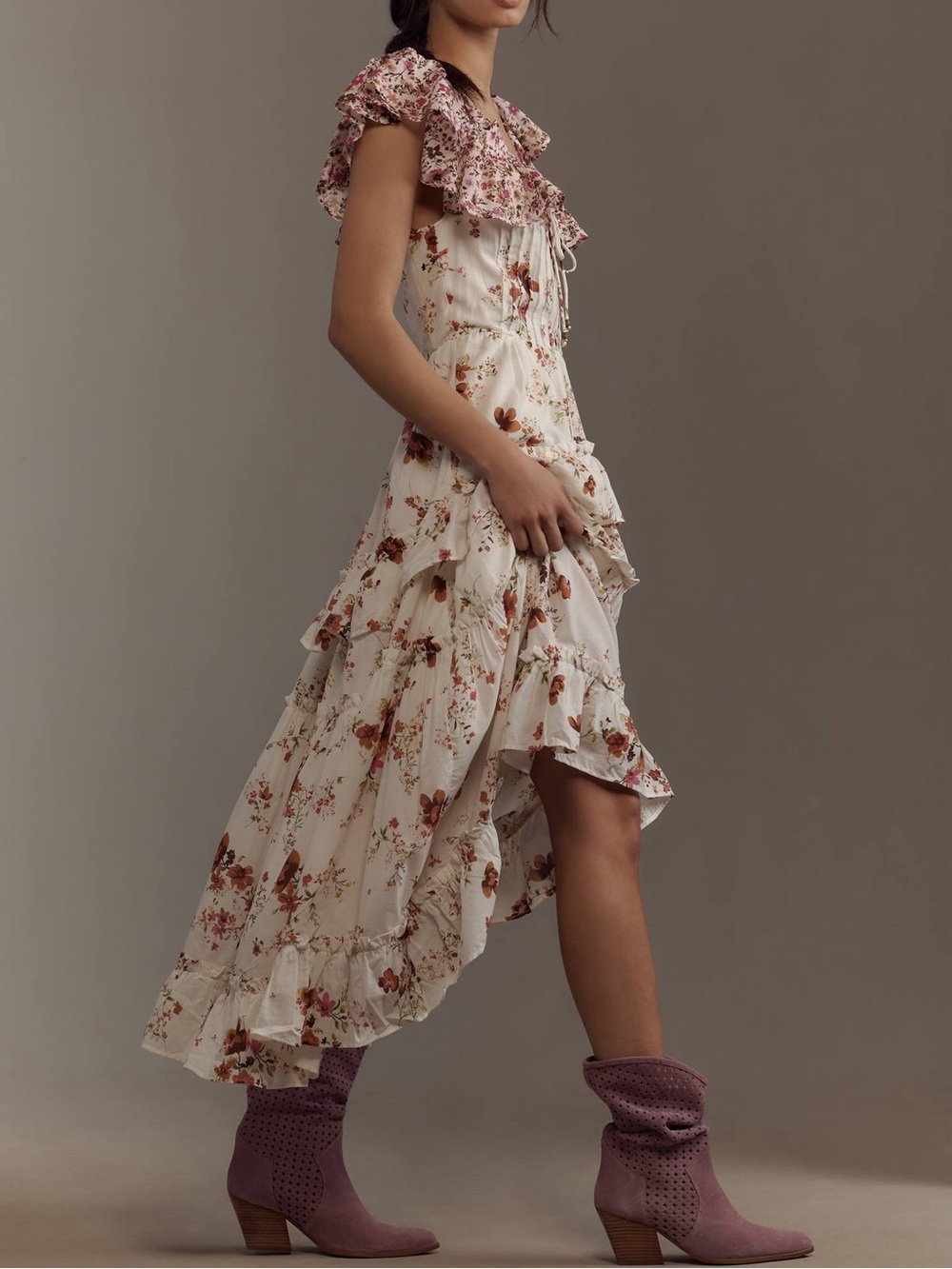 Anthropologie Maeve Ruffle-Sleeve V-Neck Lace-Up Midi Dress - Picture 5 of 5